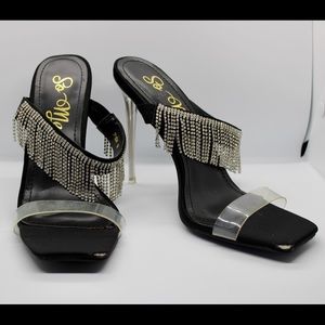 Black mule heels with rhinestone strap accent